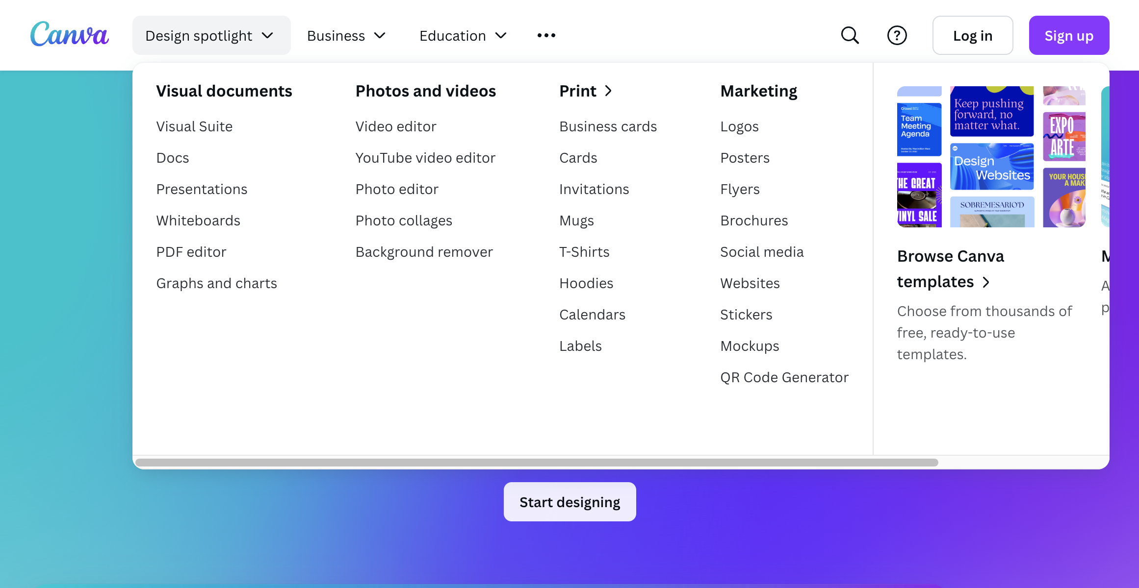 Canva — dropdown mega-menu using drop shadow