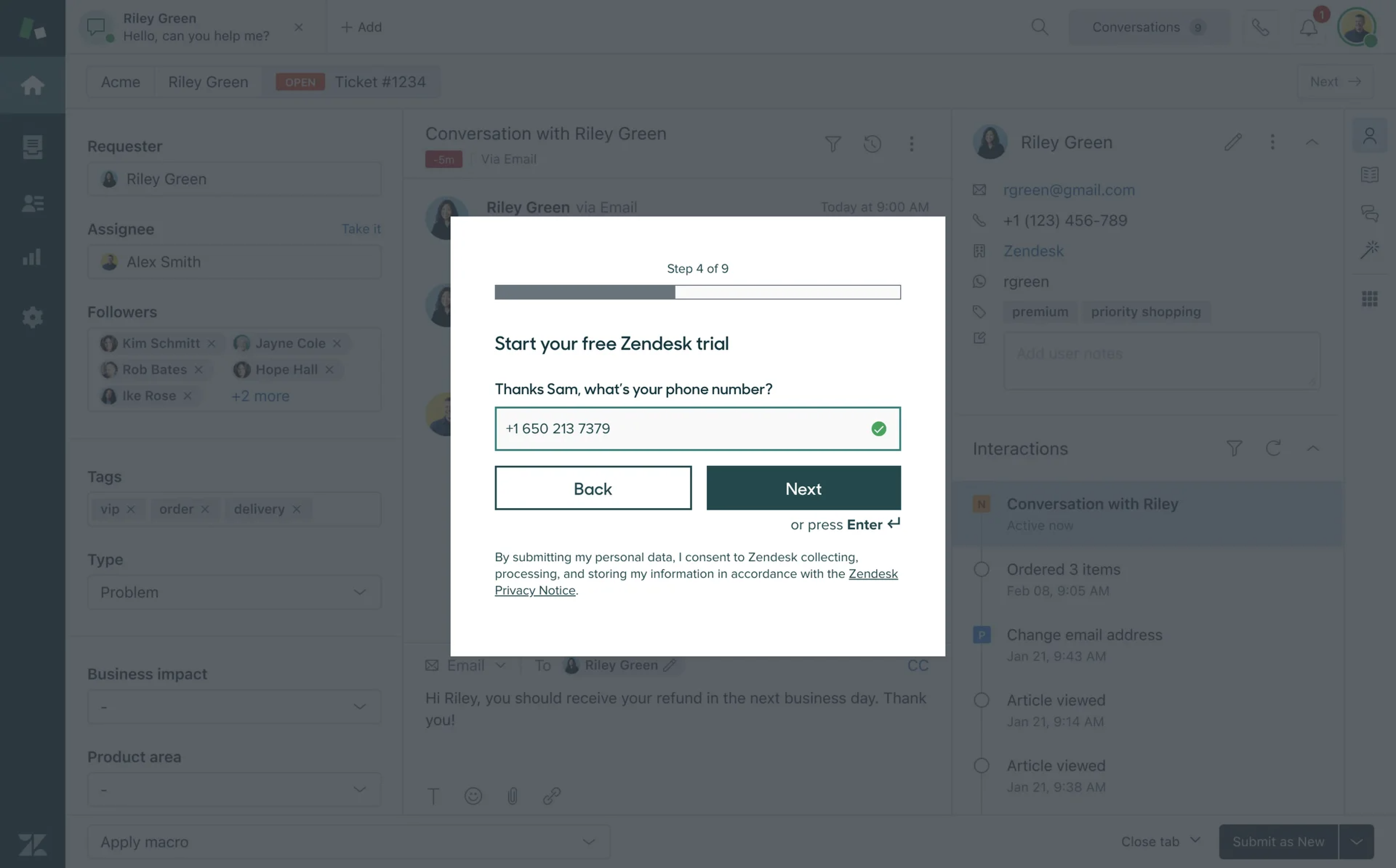 Zendesk free trial onboarding — Goal-Gradient Effect