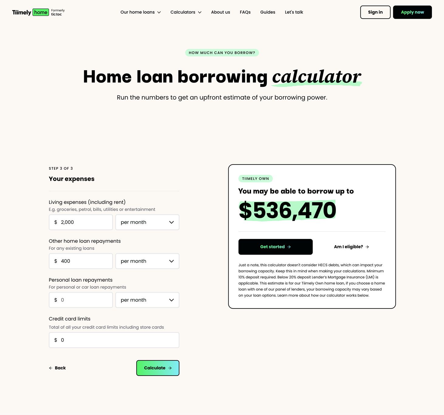 Tiimely Home — borrowing calculator